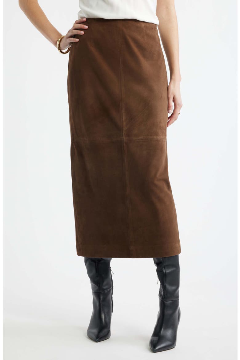 Suede Midi Skirt, Main, color, BROWN DRUM