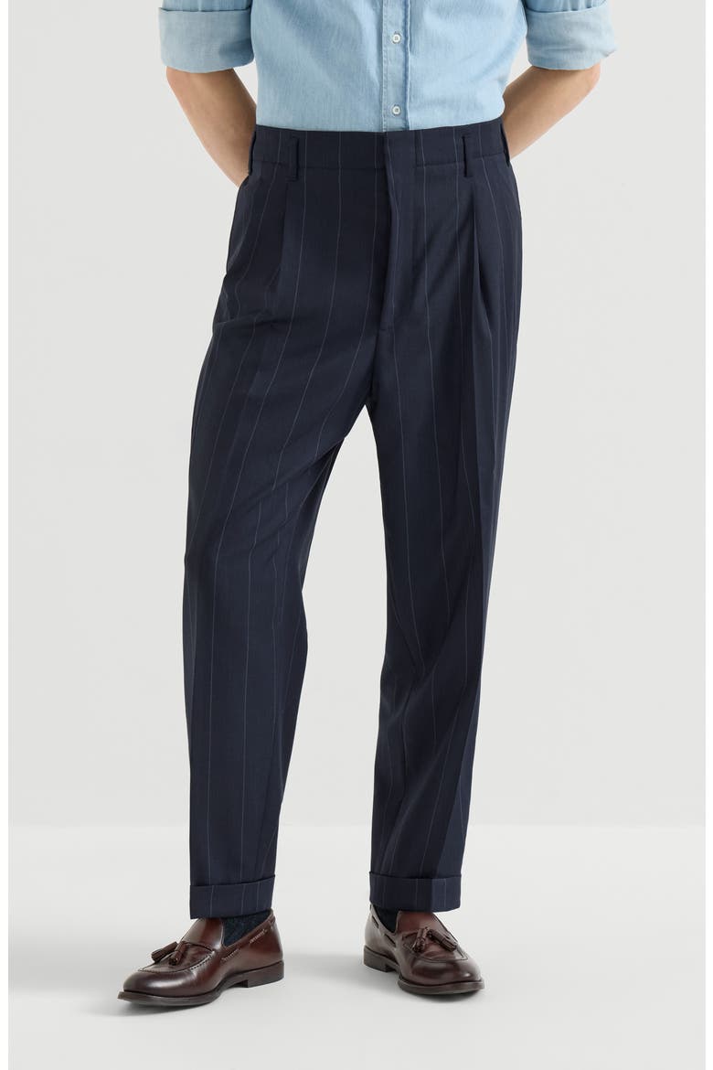 Virgin wool chalk stripe trousers with double pleats, Main, color, Navy Blue