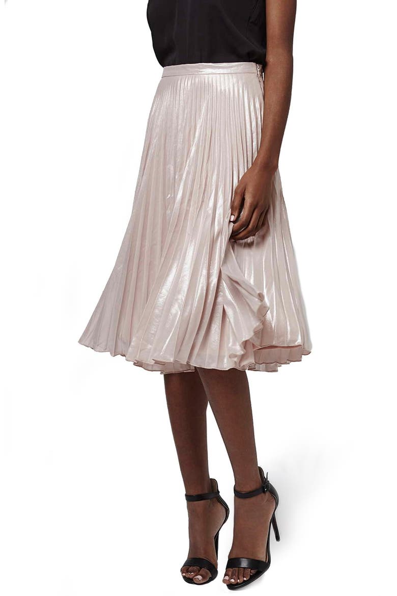 Metallic Pleated Midi Skirt, Main, color, LIGHT PINK