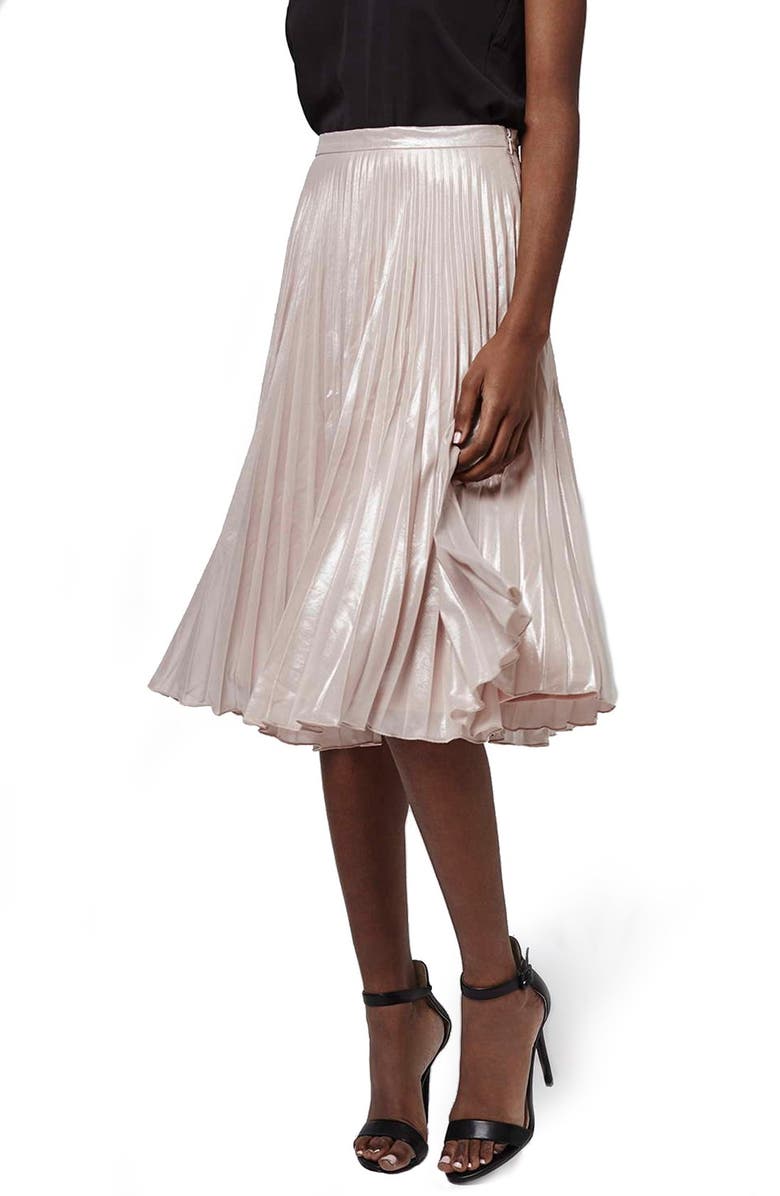 Topshop Metallic Pleated Midi Skirt, Main, color, 