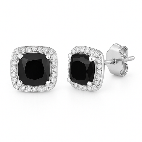 Sterling Silver Black Onyx Halo Earrings