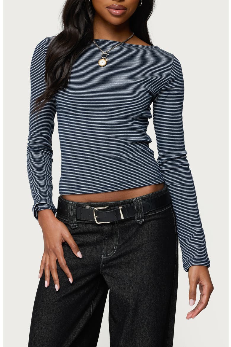 Loria Stripe Long Sleeve Cotton Boat Neck Top, Main, color, NAVY-AND-WHITE