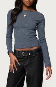 EDIKTED Loria Stripe Long Sleeve Cotton Boat Neck Top