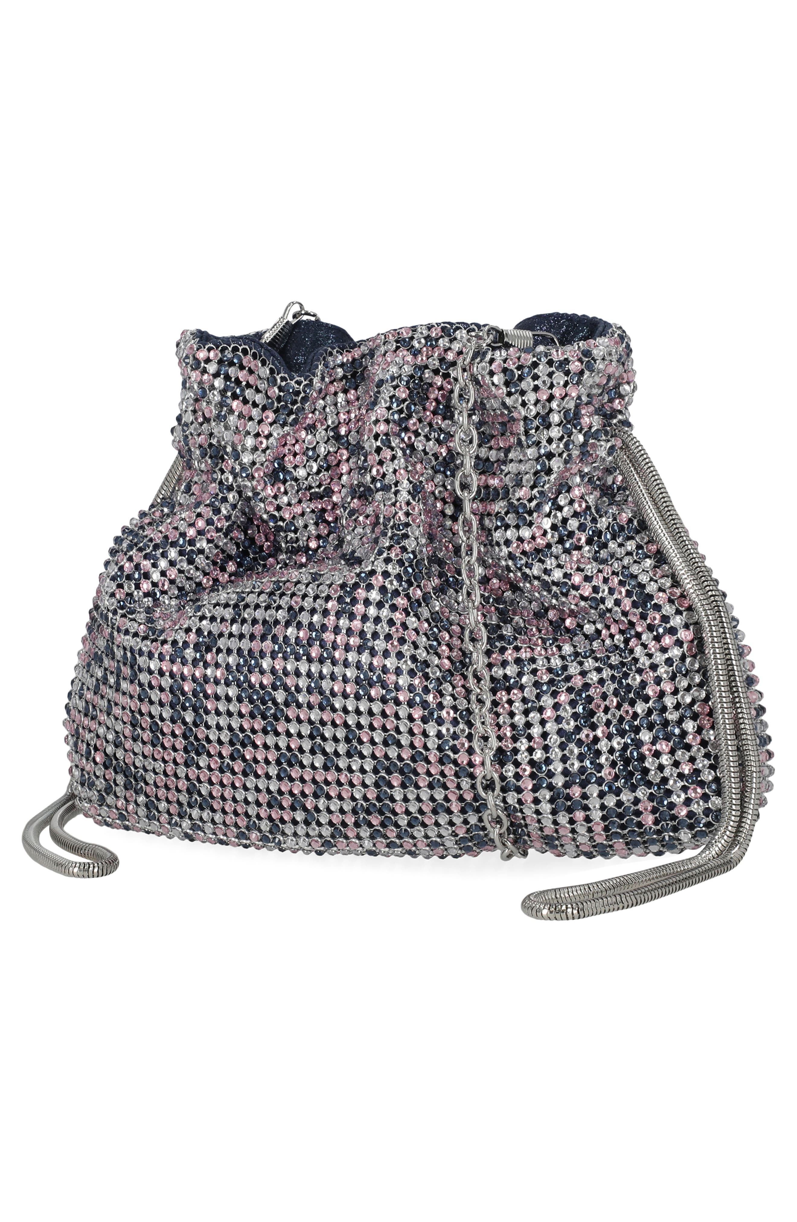 Maxine Rhinestone Mesh Bucket Clutch, Alternate, color, PINK NAVY MULTI