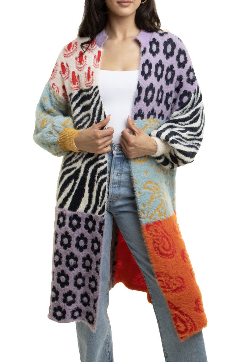 Multi Print Longline Cardigan, Main, color, PURPLE MULTI