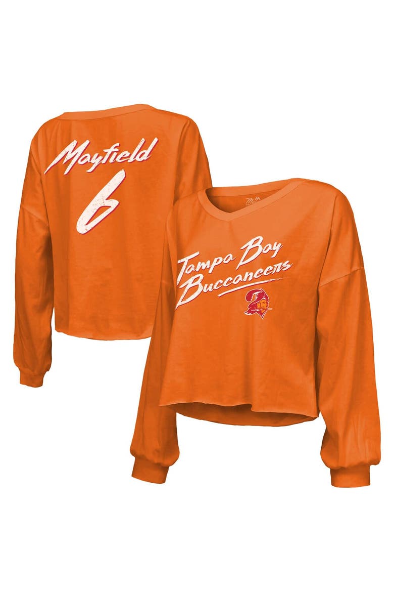 Women's Majestic Threads Baker Mayfield Orange Tampa Bay Buccaneers Off-Shoulder Script Name & Number V-Neck T-Shirt, Main, color, Orange