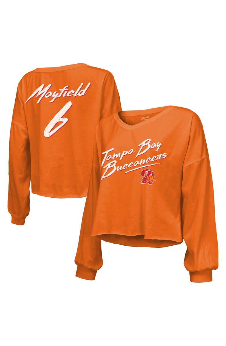 Majestic Threads Women's Majestic Threads Baker Mayfield Orange Tampa Bay Buccaneers Off-Shoulder Script Name & Number V-Neck T-Shirt, Main, color, Orange