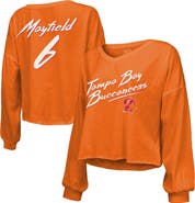 Majestic Threads Women's Majestic Threads Baker Mayfield Orange Tampa Bay Buccaneers Off-Shoulder Script Name & Number V-Neck T-Shirt