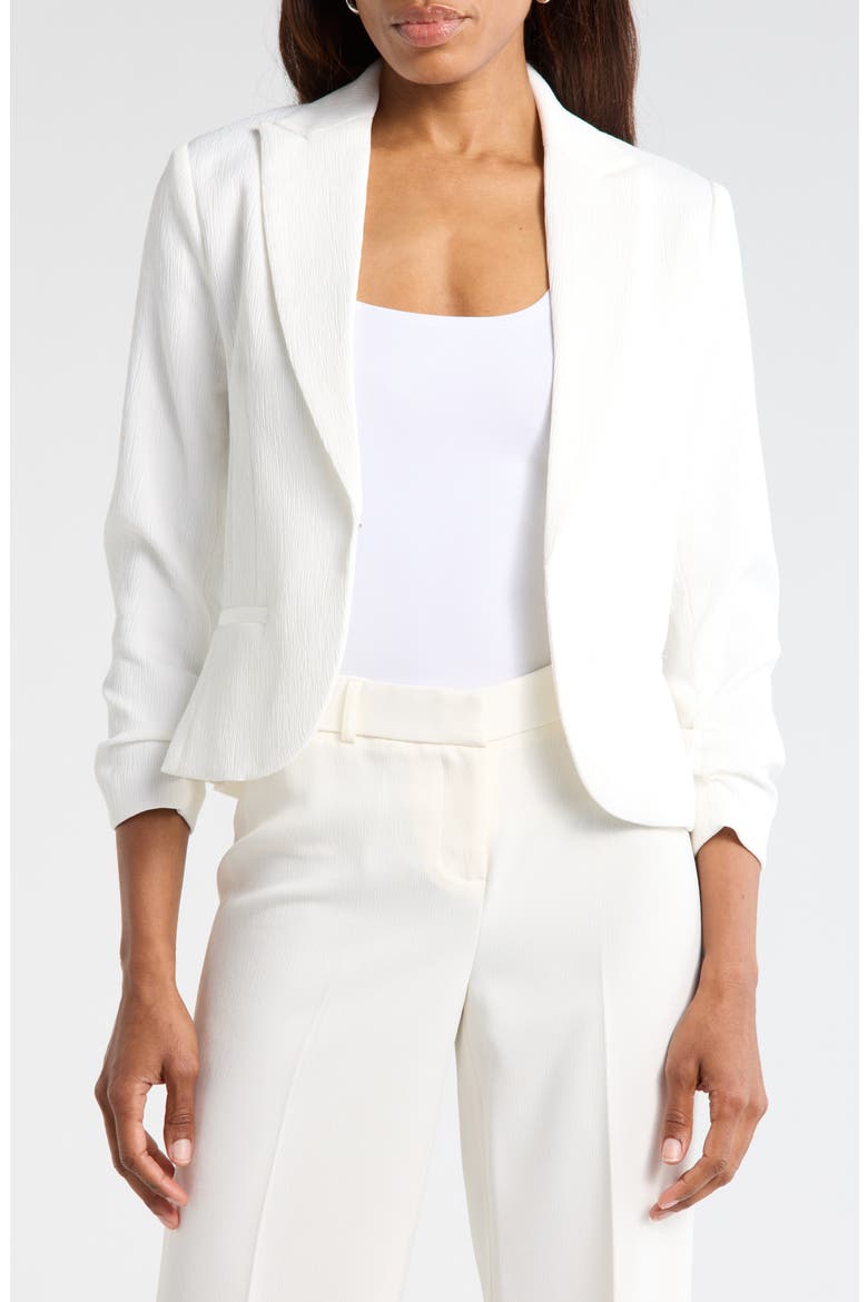Ruched Sleeve Jacquard Blazer, Main, color, WHITE