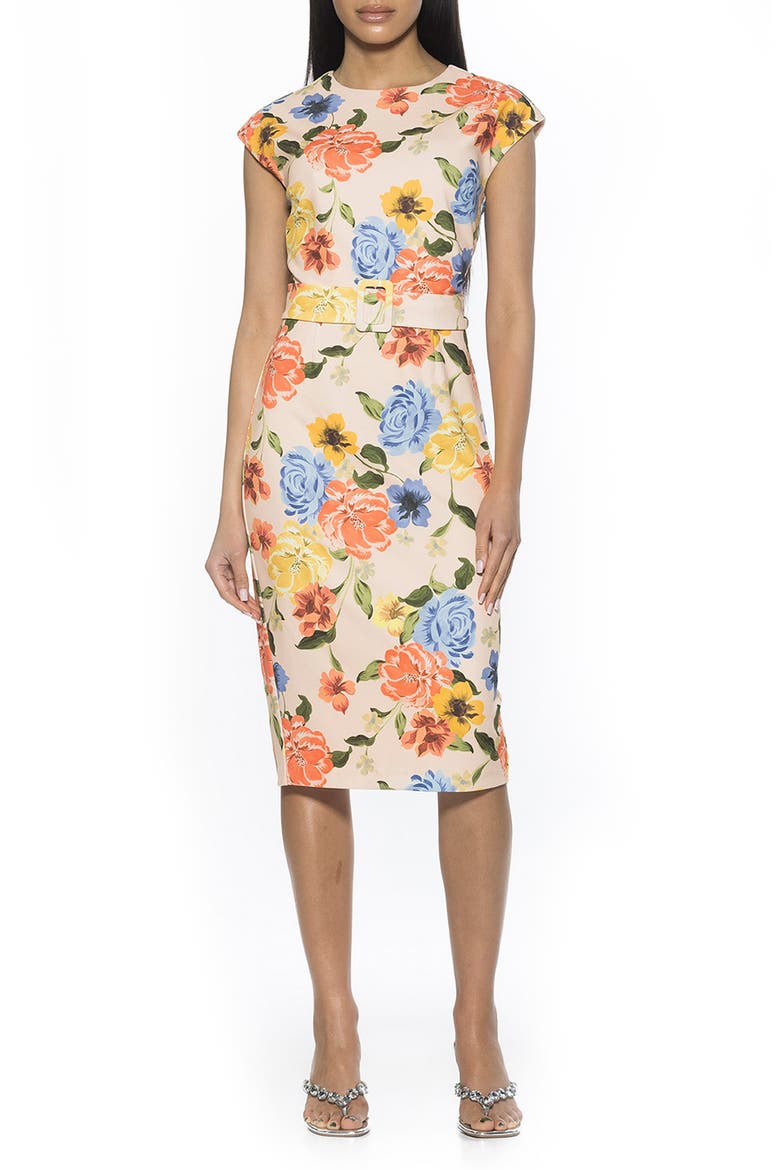 Cap Sleeve Belted Sheath Dress, Main, color, SAND FLORAL