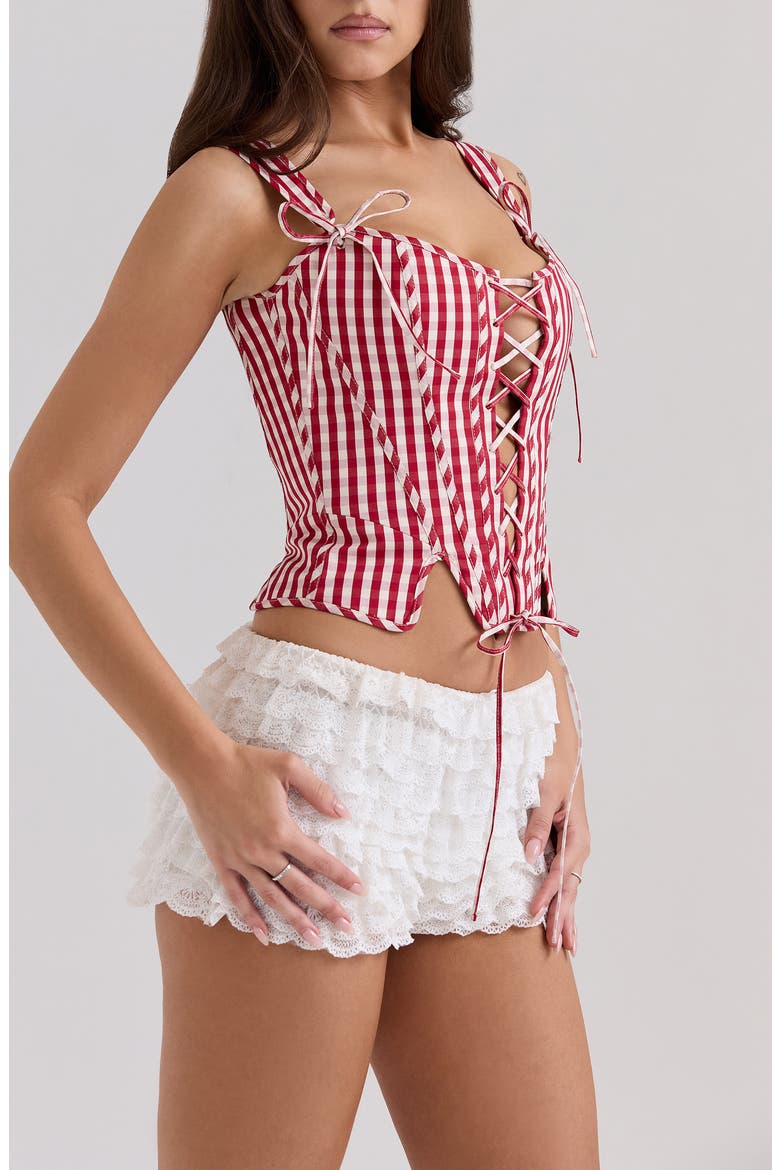 Callie Lace-Up Front Corset Top, Alternate, color, GINGHAM SAVVY RED WHITE SMOKE
