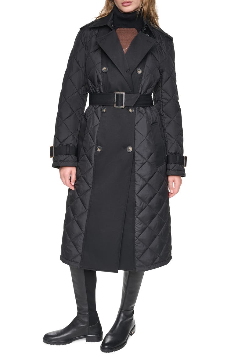 Quilted Double Breasted Trench Coat, Main, color, BLACK