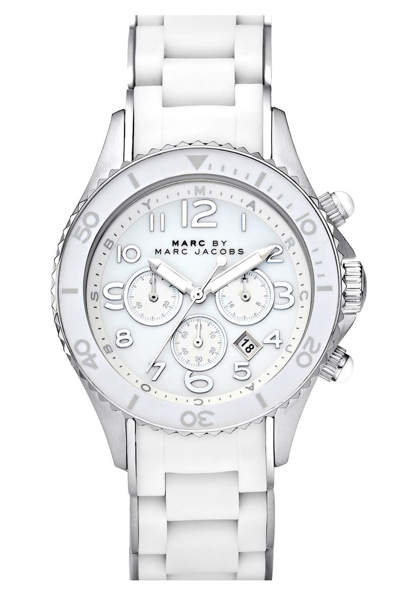 'Rock' Chronograph Silicone Bracelet Watch, 40mm, Main, color, SILVER/ WHITE