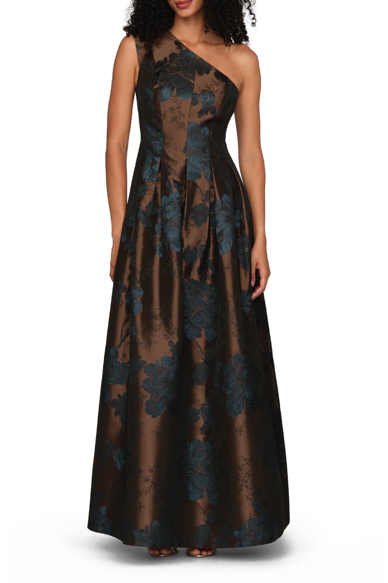 Brynlee Metallic Floral Jacquard One-Shoulder Gown, Main, color, GOLD/ DARK TWILIGHT