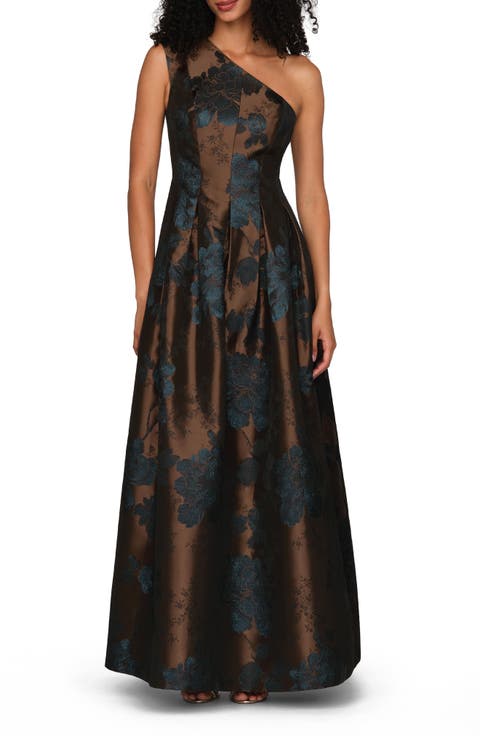 Brynlee Metallic Floral Jacquard One-Shoulder Gown