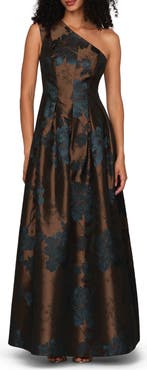 Kay Unger Brynlee Metallic Floral Jacquard One-Shoulder Gown