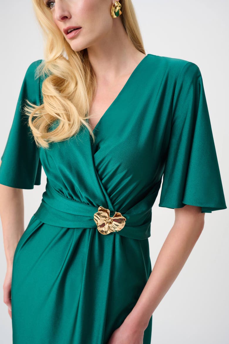 Satin Knit Wrap Dress With Ruched Waistband, Alternate, color, Opulent Green
