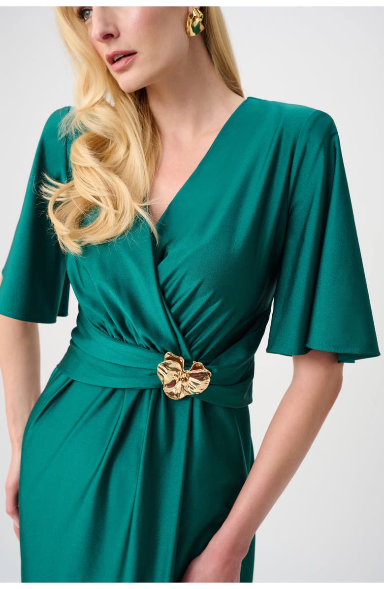 Joseph Ribkoff Satin Knit Wrap Dress With Ruched Waistband, Alternate, color, Opulent Green