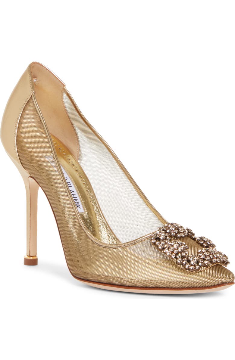 Manolo Blahnik Hangisi Crystal Buckle Mesh Pointed Toe Pump, Main, color,