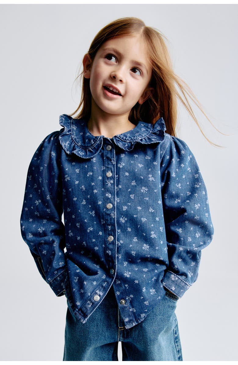 H&M Frill-collar Denim Blouse, Alternate, color, Denim Blue/Floral