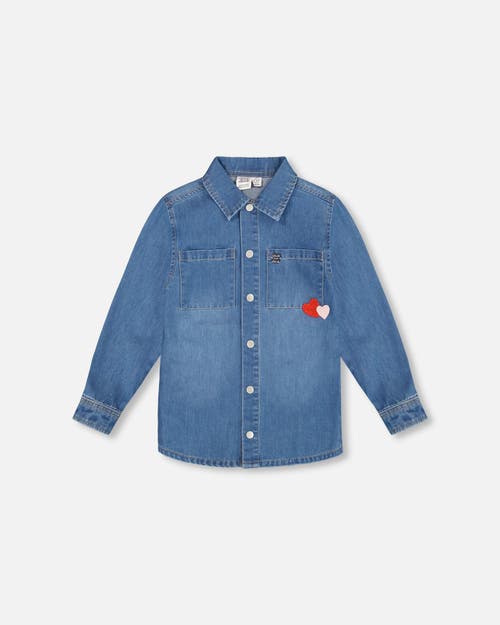 Deux Par Deux Kids'  Denim Shirt With Patch Pockets And Apple Patch In Blue
