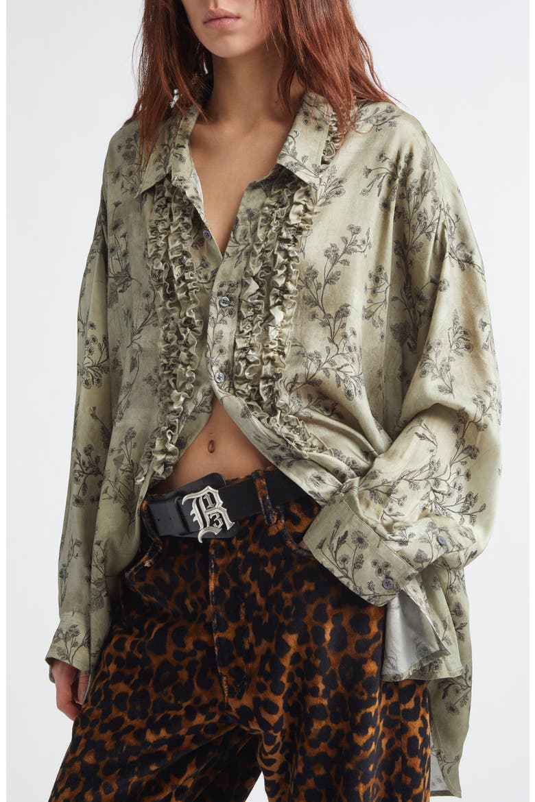 Oversize Drop Neck Ruffle Front Button-Up Shirt, Alternate, color, GREEN FLORAL