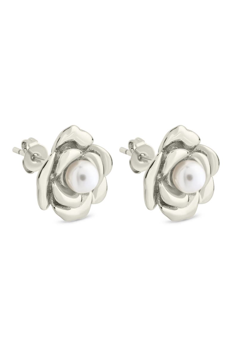 Sterling Forever Rosa Faux Pearl Flower Stud Earrings, Alternate, color, Silver