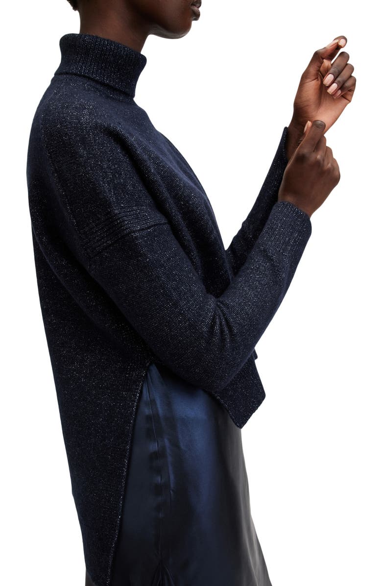 AllSaints Amos Asymmetric Satin Slipdress and Sparkle Sweater Set, Alternate, color, Midnight Blue