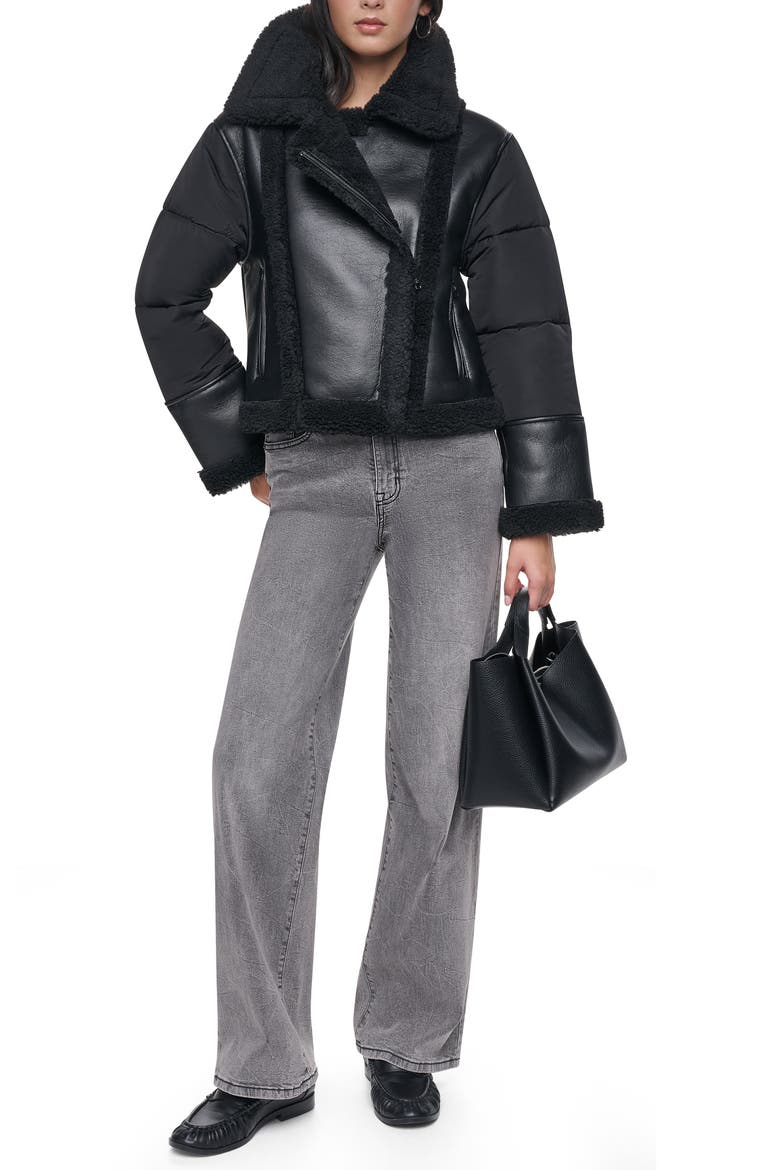 Puff-Sleeve Faux Shearling Jacket, Alternate, color, BLK/ BLACK