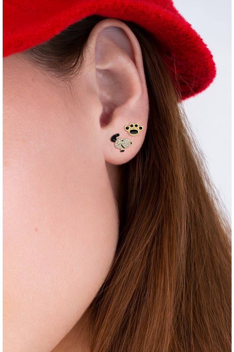 x Peanuts® Snoopy Paw Mismatched Stud Earrings, Alternate, color, 18KT YELLOW GOLD / CLEAR STONE
