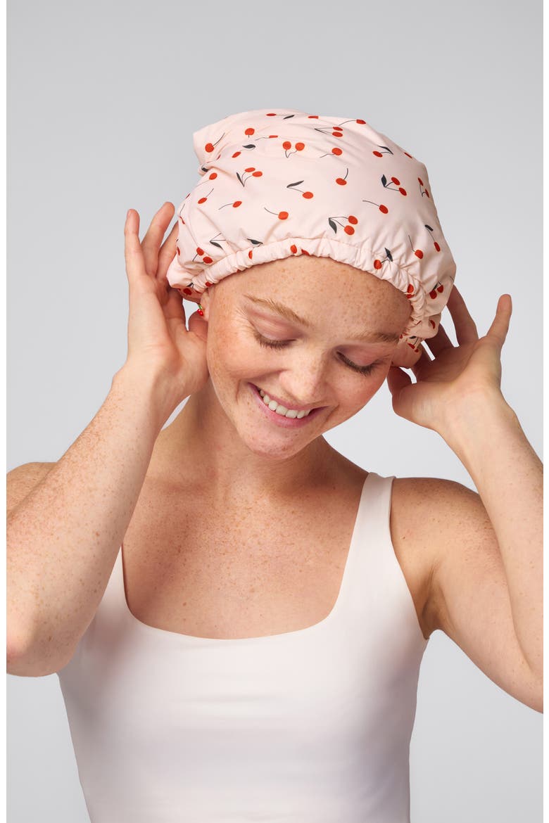 Satin-Lined Flexi Shower Cap, Alternate, color, CHERRY PRINT