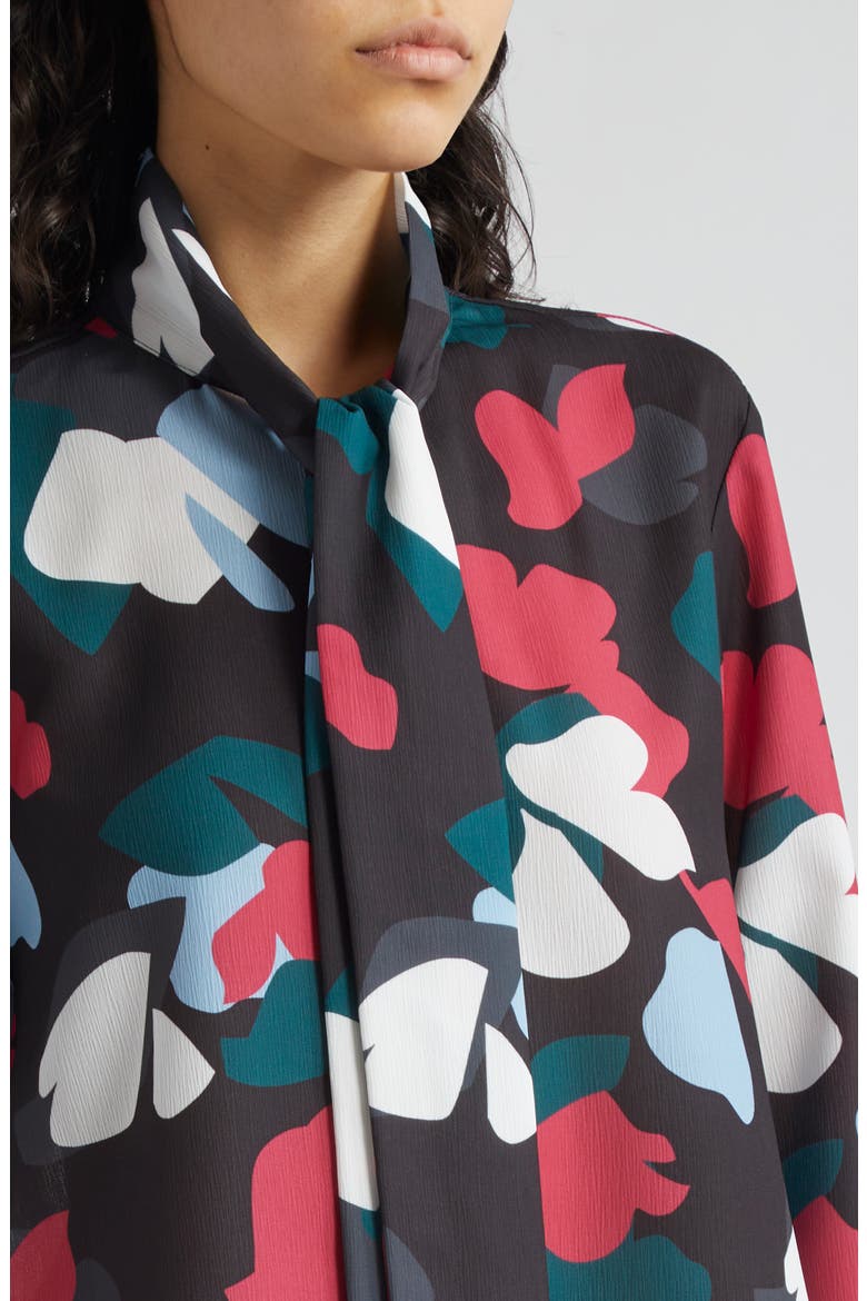 Floral Tie Neck Crepe Shirt, Alternate, color, BLACK MULTI