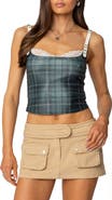 EDIKTED Lace Detail Plaid Mesh Crop Top