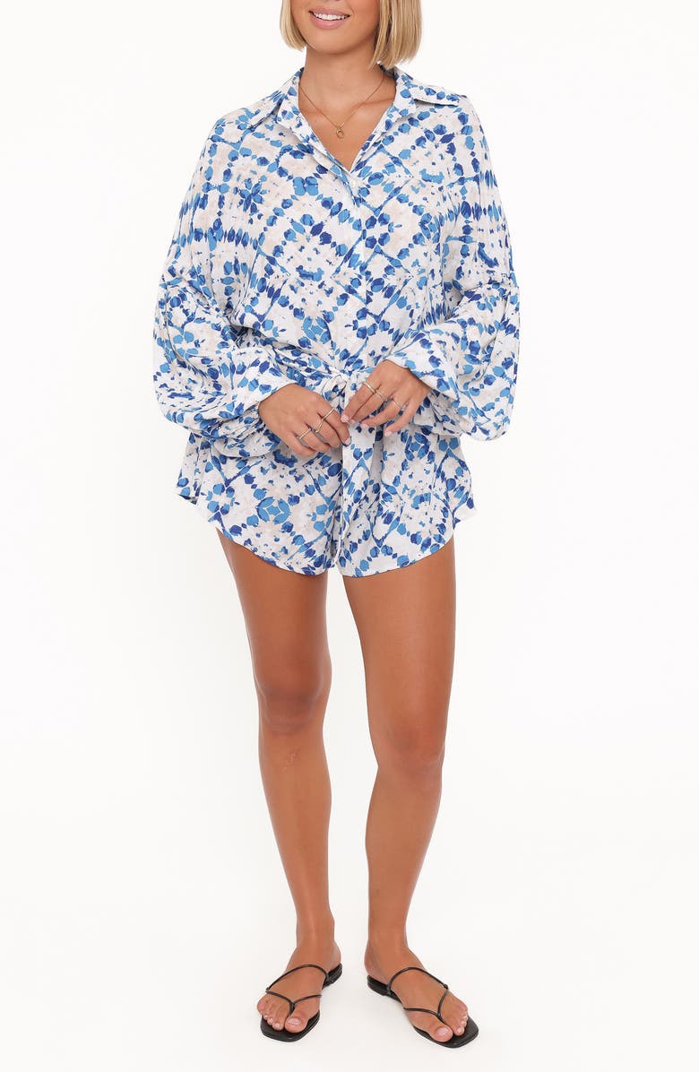 Petal & Pup Tansy Abstract Print Long Sleeve Romper, Main, color, Blue Diamond