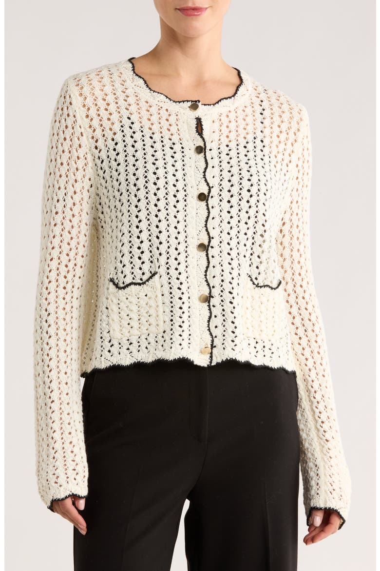 Scallop Edge Open Stitch Cardigan, Main, color, IVORY/ BLACK