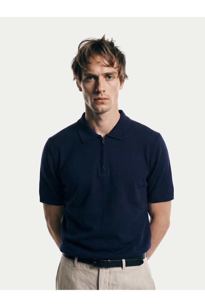 Cashmere Silk Half-Zip Polo Top, Alternate, color, mood-indigo