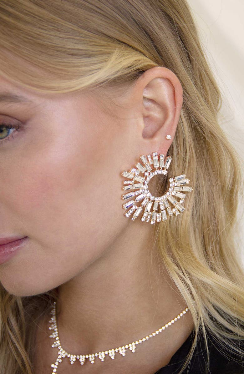 Ettika Crystal Frontal Hoop Earrings, Alternate, color, Gold