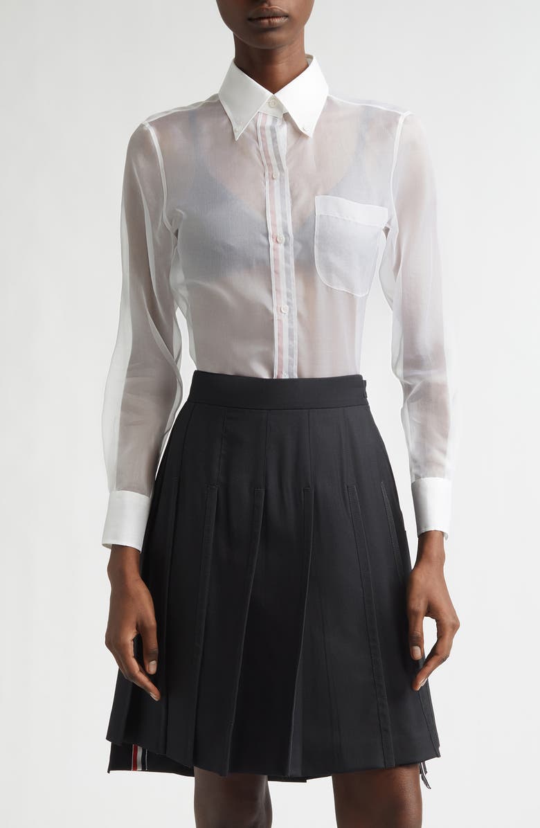 Thom Browne Silk Organza Button-Up Shirt, Main, color, White