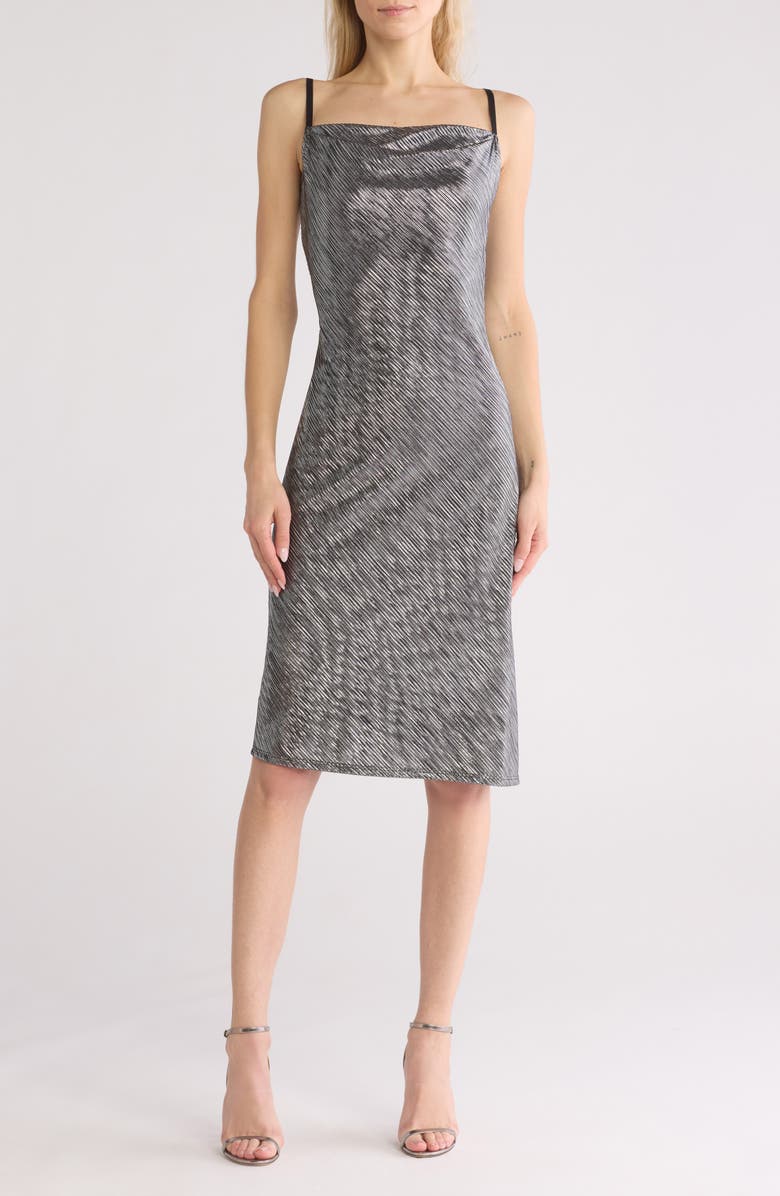 bebe Metallic Pleated Midi Slipdress, Main, color, Black/ Silver