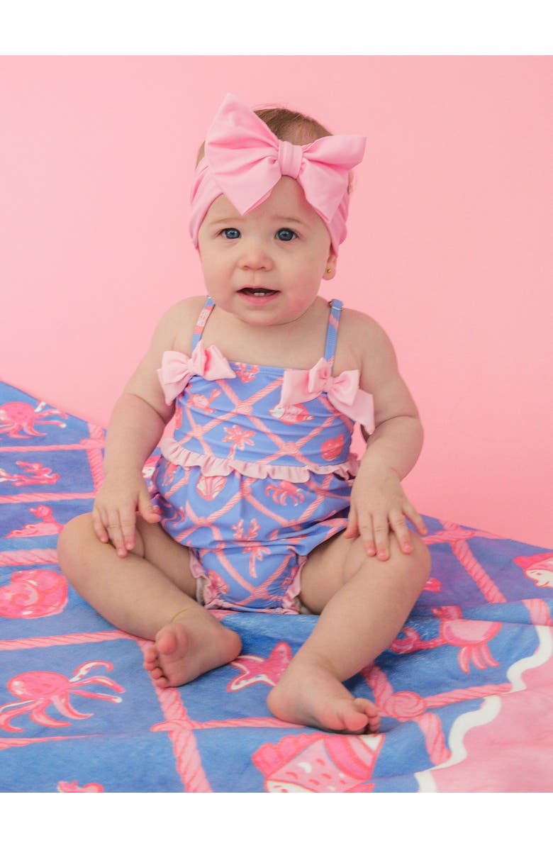 RuffleButts UPF50+ One Piece Bow Bubble Romper Swimsuit, Alternate, color, Tropical Trellis