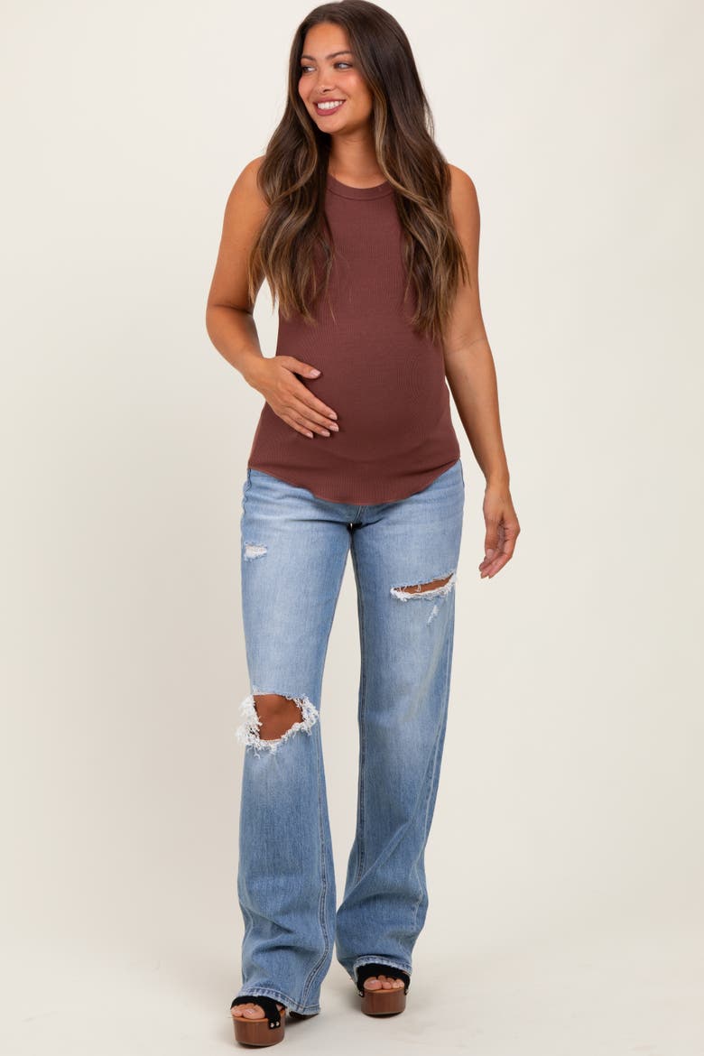 Distressed Open Knee Straight Leg Maternity Jeans, Main, color, Light Blue