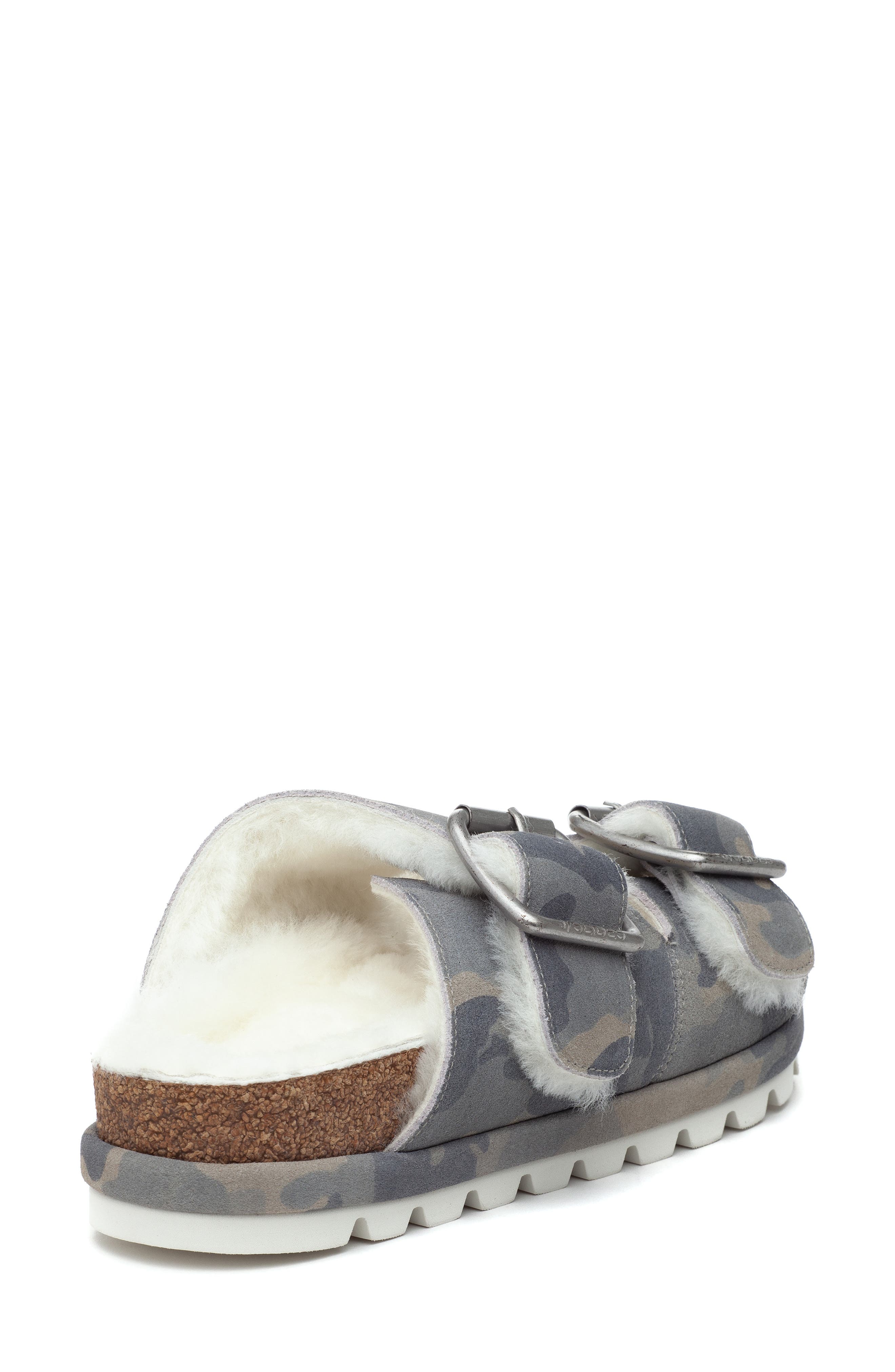 Lynx Genuine Shearling Double Buckle Sandal, Alternate, color, OFF WHITE CAMO SUEDE