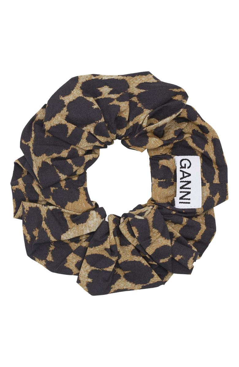 Ganni Leopard Print Cotton Scrunchie, Main, color, Leopard