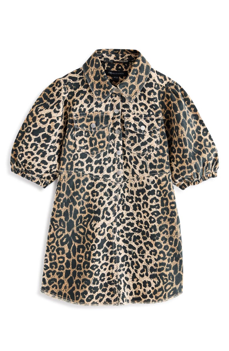 smALLSAINTS by ALLSAINTS Kids' Leopard Print Puff Sleeve Denim Dress, Main, color, Brown