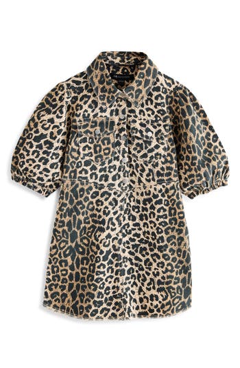 Smallsaints By Allsaints Kids' Leopard Print Puff Sleeve Denim Dress In Brown