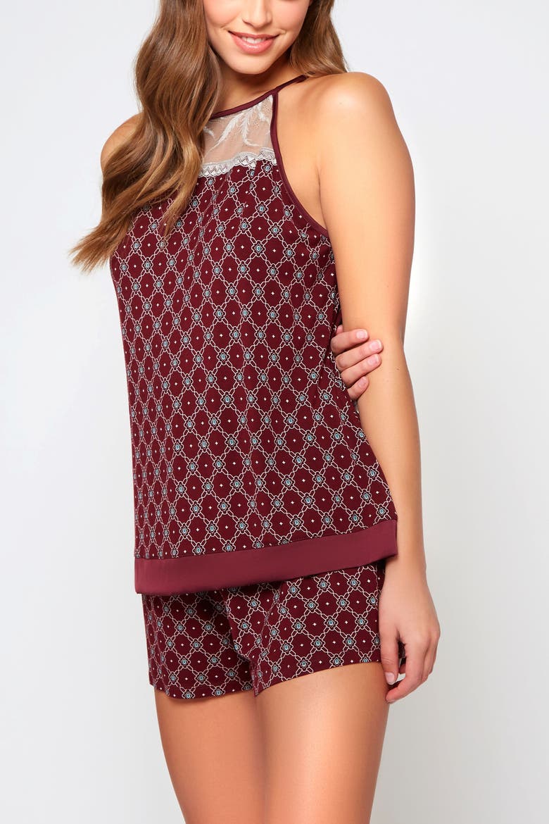 Geometric Print Lace Halter Cami & Shorts Pajama Set, Alternate, color, Burgundy