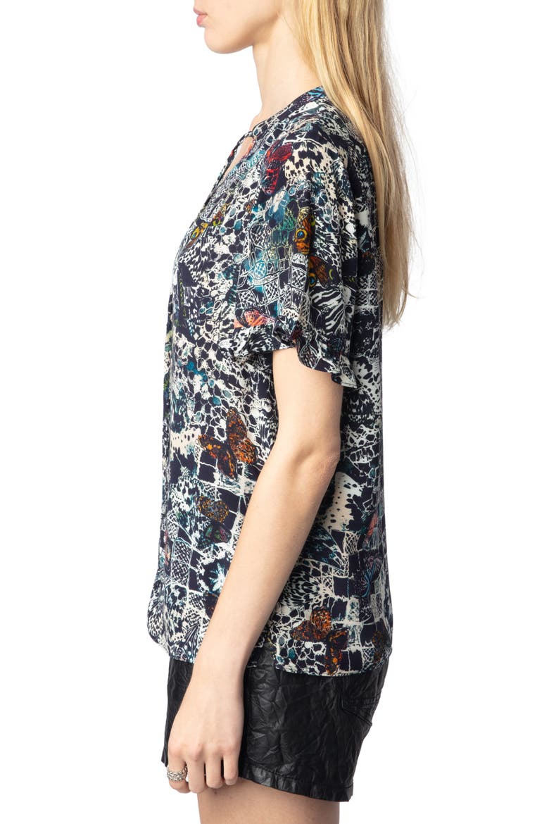 Tafiz Butterfly Print Tie Neck Button-Up Shirt, Alternate, color, ENCRE