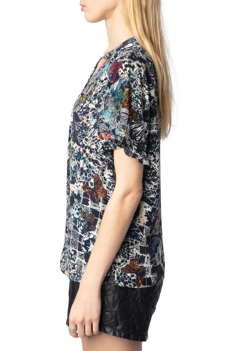 Zadig & Voltaire Tafiz Butterfly Print Tie Neck Button-Up Shirt, Alternate, color,