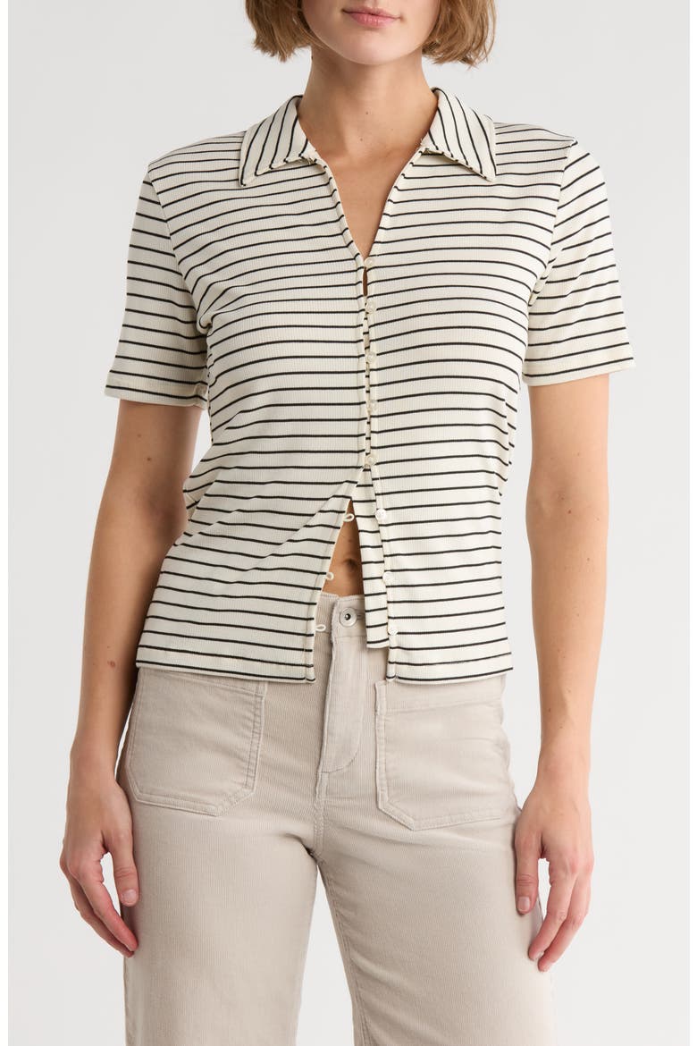 Stripe Button-Up T-Shirt, Main, color, MILK BLAC