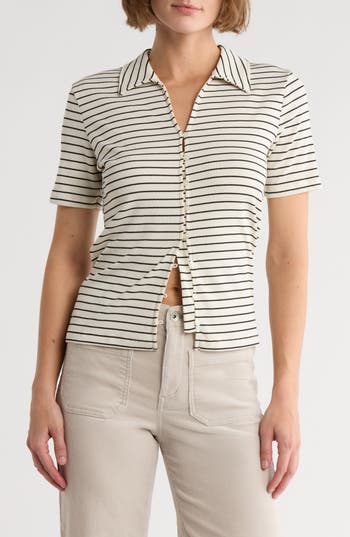Sanctuary Stripe Button-up T-shirt In Burgundy